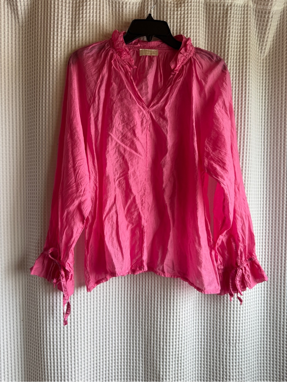 Ruffled Italian V‑Neck Long‑Sleeve Sheer Blouse in Bright Pink